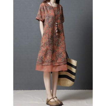 夏季民族風大碼女裝寬松休閑a字裙短袖撞色中長裙碎花棉麻連衣裙