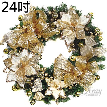 24吋成品樹圈(金奶白)，聖誕節/聖誕佈置/聖誕掛飾/聖誕裝飾/聖誕吊飾/聖誕花材，X射線【X106216】