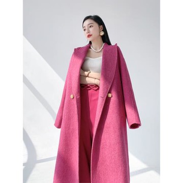 AKSAYA高級感時尚氣質雙面呢外套玫紅色羊絨大衣女2025年秋冬新款