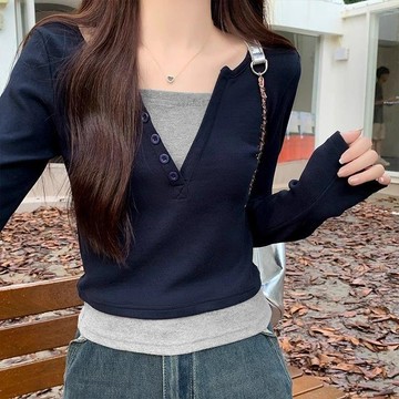 長袖t恤✨ 針織毛衣 衣服女 長袖 上衣 純慾風假兩件撞色長袖T恤女 早秋季設計感棉質修身短款打底衫上衣 長袖百搭上衣