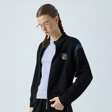 元動力 牛仔拼縲縈立領落肩運動外套(深藍；S-L)