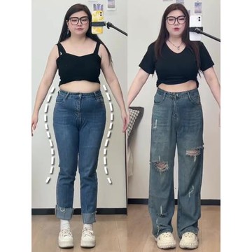 破洞直筒牛仔褲女春季新款大碼胖mm顯瘦梨形身材遮胯拖地闊腿褲子