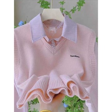 2025新款假兩件毛衣女春秋短款學院風針織衫馬甲拼接軟糯百搭上衣