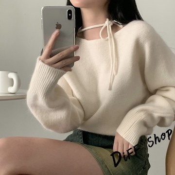 韓版溫柔簡約設計感掛脖繫帶長袖毛衣【W520】