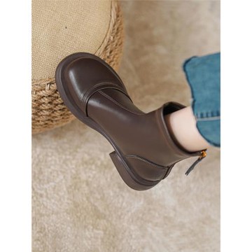 真皮彈力瘦瘦靴女2024年秋冬加絨厚底棕色馬丁靴女英倫風洋氣短靴