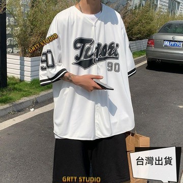 優選 大尺碼 棒球衣 短袖襯衫 短袖上衣 夏季薄款潮牌短袖襯衫男痞帥港風日系百搭潮流嘻哈開衫棒球服