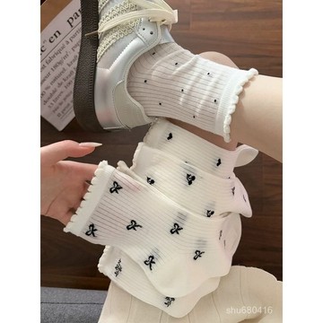 【全店免運 五折秒殺】白色堆堆襪女夏季薄款網眼透氣日係簡約蝴蝶結木耳邊花邊中筒襪潮