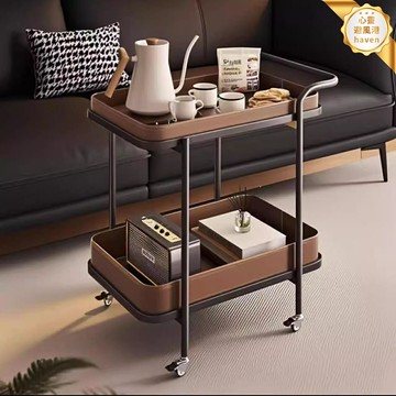 【輕奢移動】馬鞍皮角幾 沙發邊幾 床頭櫃 置物架 小推車 茶几 客廳臥室 中古風設計 可移動帶輪 雙層儲物