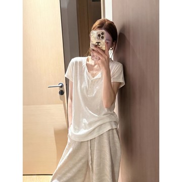 【PRPN】短袖上衣女 t恤 韓系衣服 寬鬆短袖 v領上衣 慵懶風穿搭 顯瘦
