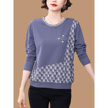 純棉長袖t恤女春秋大碼寬松媽媽漂亮洋氣小衫秋衣上衣打底衫外穿