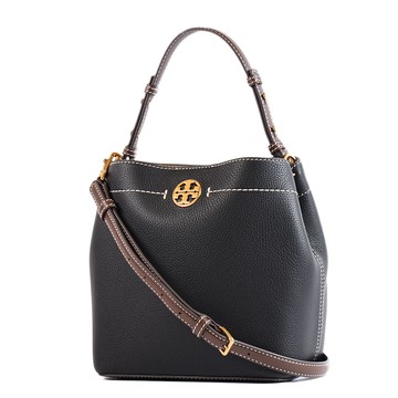 TORY BURCH 荔枝紋磁釦手提/斜背二用水桶包-黑色/小