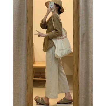 日雜風褲子棉麻闊腿褲女夏季亞麻苧麻休閑褲小個子直筒顯瘦九分褲