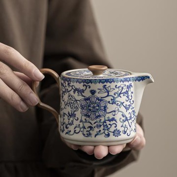 中式汝窯青花功夫茶壺單壺泡茶家用客廳喝茶陶瓷茶具小容量茶水壺