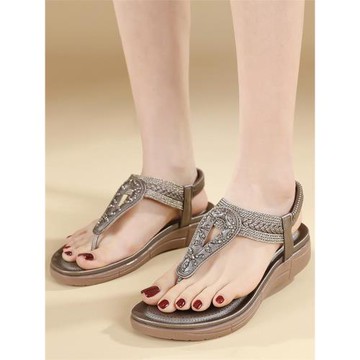 水鉆夾趾涼鞋女夏2025年新款波西米亞民族風編織帶鉆大碼度假女鞋