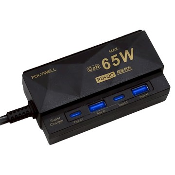 POLYWELL 寶利威爾 65W 4孔電源線快充頭 GaN 雙Type-C 雙USB PW15-T05-A114  1個  黑色