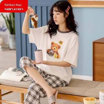 女夏款純棉七分褲布料小熊睡衣