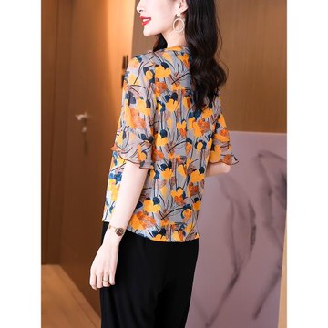 意冉真絲襯衫女荷葉邊春季新款桑蠶絲襯衣短袖高級感飄帶小衫上衣