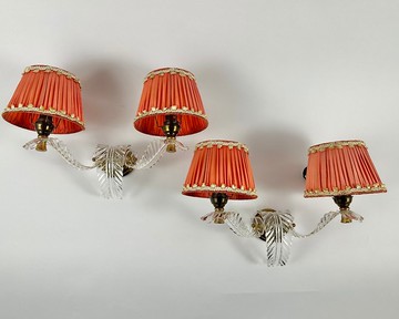 黃銅有機玻璃橙色雙臂壁燈復古帶燈罩法國 1970 年