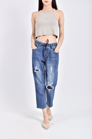 (M) fashion jeans丹寧牛仔棉質鬆緊腰藍色長褲