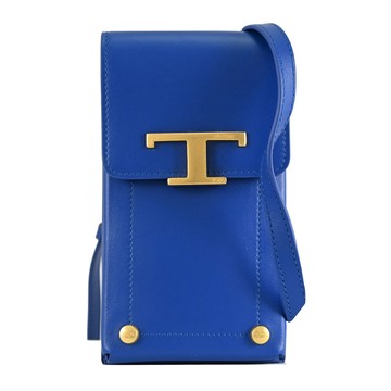 TODS T Timeless 金屬LOGO質感翻蓋斜背手機包.寶藍