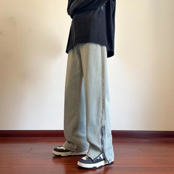 設計感拉鏈微喇牛仔褲男美式復古做舊高街vibe褲子春秋寬松直筒褲