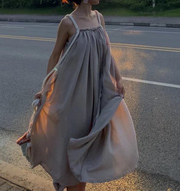 新中式 寬鬆長款辮子肩帶連身裙