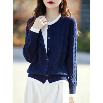 復古麻花撞色假兩件針織開衫女短外套毛衣2025新款高級感上衣外搭