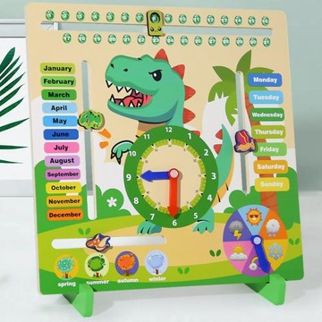 幼兒童恐龍木質多功能日歷時鐘早教時間天氣星期季節益智認知玩具