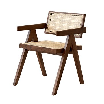 侘寂風藤編椅子實木餐椅家用北歐中古扶手靠背椅昌迪加爾椅餐桌椅[DD010109]