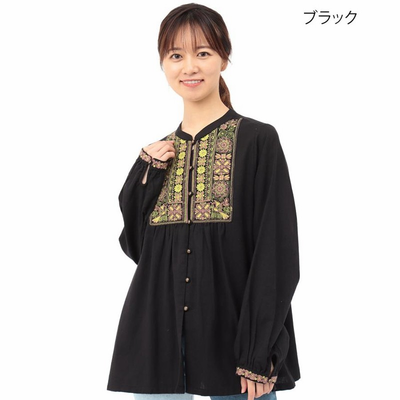 刺繍入り長袖ブラウス ホワイト・ブラック Aletta vita ブラウス 刺繍 スキッパー チュニック ボリューム袖
