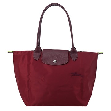 LONGCHAMP LE PLIAGE GREEN系列刺繡長把再生尼龍摺疊水餃包(中/紅石榴)