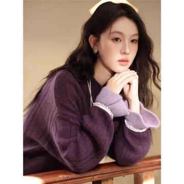 紫色高級慵懶感長袖圓領套頭毛衣秋冬2025新款加厚寬松百搭上衣女