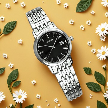 CITIZEN 星辰表 / EW1580-50G / 光動能 日本製 藍寶石水晶玻璃 日期 不鏽鋼女錶 黑色 27mm