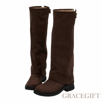 【Grace Gift】穿搭利器2way可拆式褲管堆堆長靴 咖