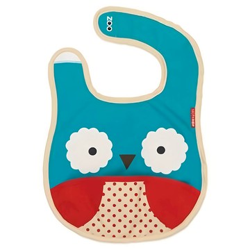 SKIP HOP 動物園系列 Tuck-Away 圍兜 6 個月以上適用 防水耐用材質 可拆卸食物口袋 不含 BPA、PVC、鄰苯二甲酸酯  貓頭鷹 藍色  1件