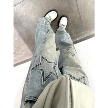 美式高腰復古直筒牛仔褲女秋季大碼胖mm寬松顯瘦梨形身材闊腿褲子