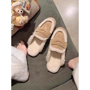 香港真皮復古羊羔毛包頭拖鞋女2025春秋時尚金幣保暖毛毛休閑拖鞋