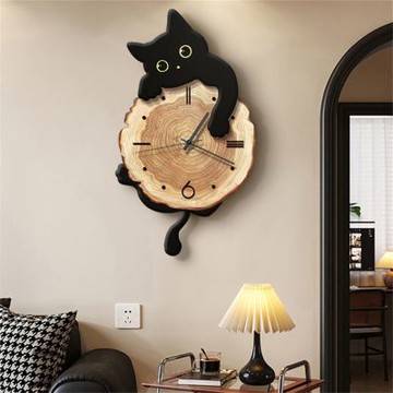 壁掛鐘 卡通貓咪裝飾鐘 客廳家用掛鐘 靜音掛墻鐘 創意搖擺鐘表 黑貓造型牆面時鐘 療愈系居家壁掛鐘