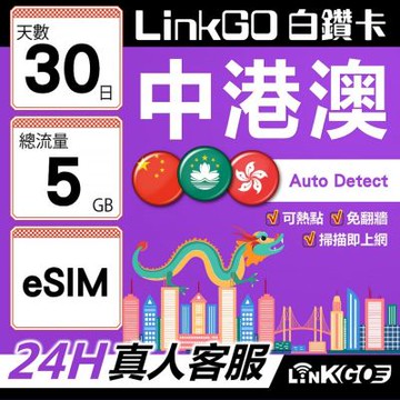 LINKGO白鑽卡 中港澳 eSIM卡 30天上網卡 總流量5GB 高速流量 免翻牆可熱點(港澳網卡 香港 澳門 虛擬卡)