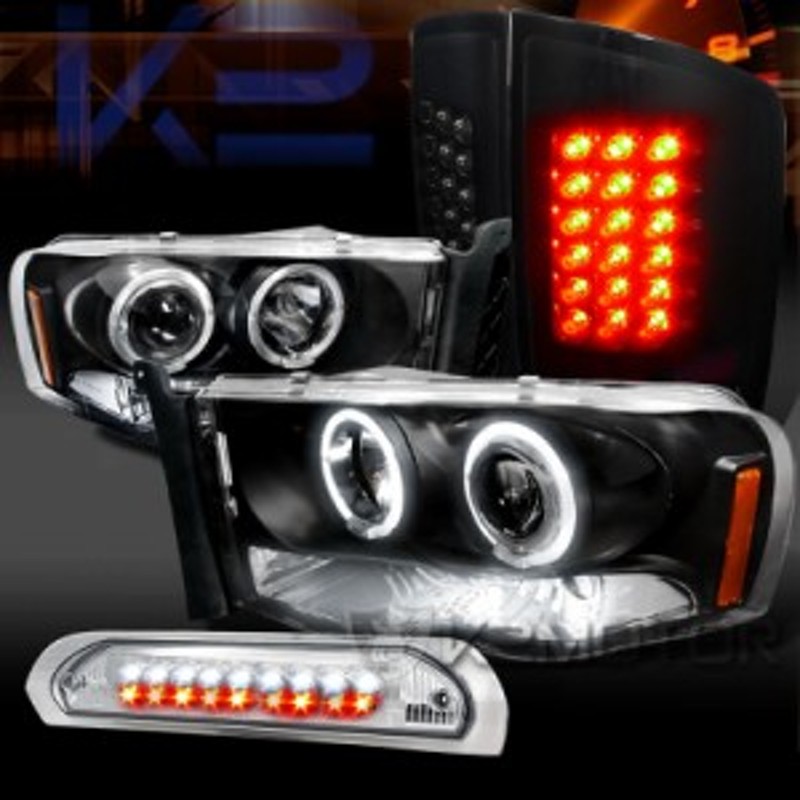 テールライト 02-05 Ram Black Halo Projector Headlights+Red LED