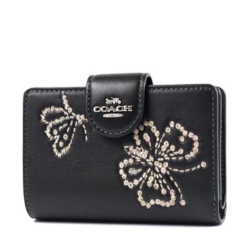 COACH 繡線蝴蝶滑面皮革釦式中夾-黑色