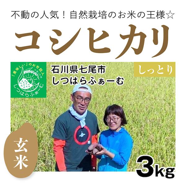 玄米3kg「自然栽培のコシヒカリ」(石川県七尾市)しつはらふぁーむ　自然栽培＠のと 無施肥 令和5年産