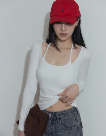 衣櫃裡總會有一件；假兩件刷毛繞脖BraTop上衣 三色