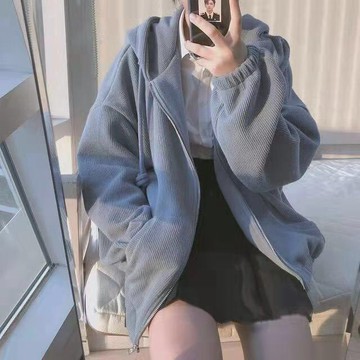 衛衣 拼接外套 外衣 寶藍色外套 大學外套 衛衣女潮新品春秋季初中生小個子霧霾藍加絨加厚冬季外套