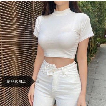 2023小眾超短款半高領上衣t恤女短袖 短裝高腰露臍內搭緊身半袖棉