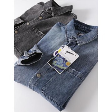 美式復古！可當小外套！春秋男水洗寬松休閑翻領長袖牛仔襯衫外套