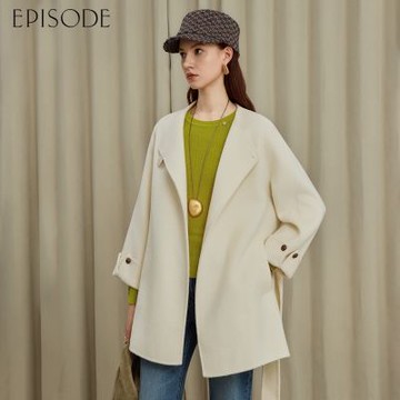 EPISODE - 氣質羊毛腰帶中長款毛呢外套E54C13（白）