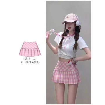 夏季美式多巴胺甜心百褶裙辣妹粉色格子A字短裙防走光高腰半身裙