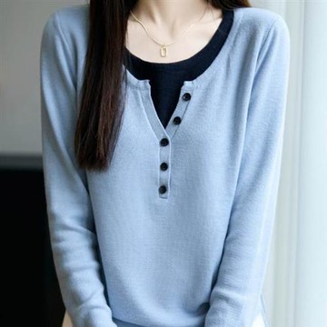 BRIGA BN04njr-589 BRIGA BN04njr-589設計師精紡羊毛假兩件撞色拼接長袖顯瘦打底衫針織衫(BN04njr-589)