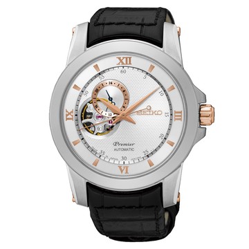 SEIKO Premier 典藏風格鏤空設計機械腕錶/銀x皮帶/4R39-00P0KS